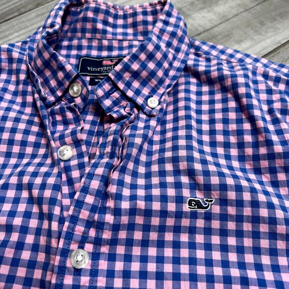 Vineyard Vines Boys' Classic Fit Check Poplin Shirt Pink Blue Medium 12-14 - Picture 2 of 4